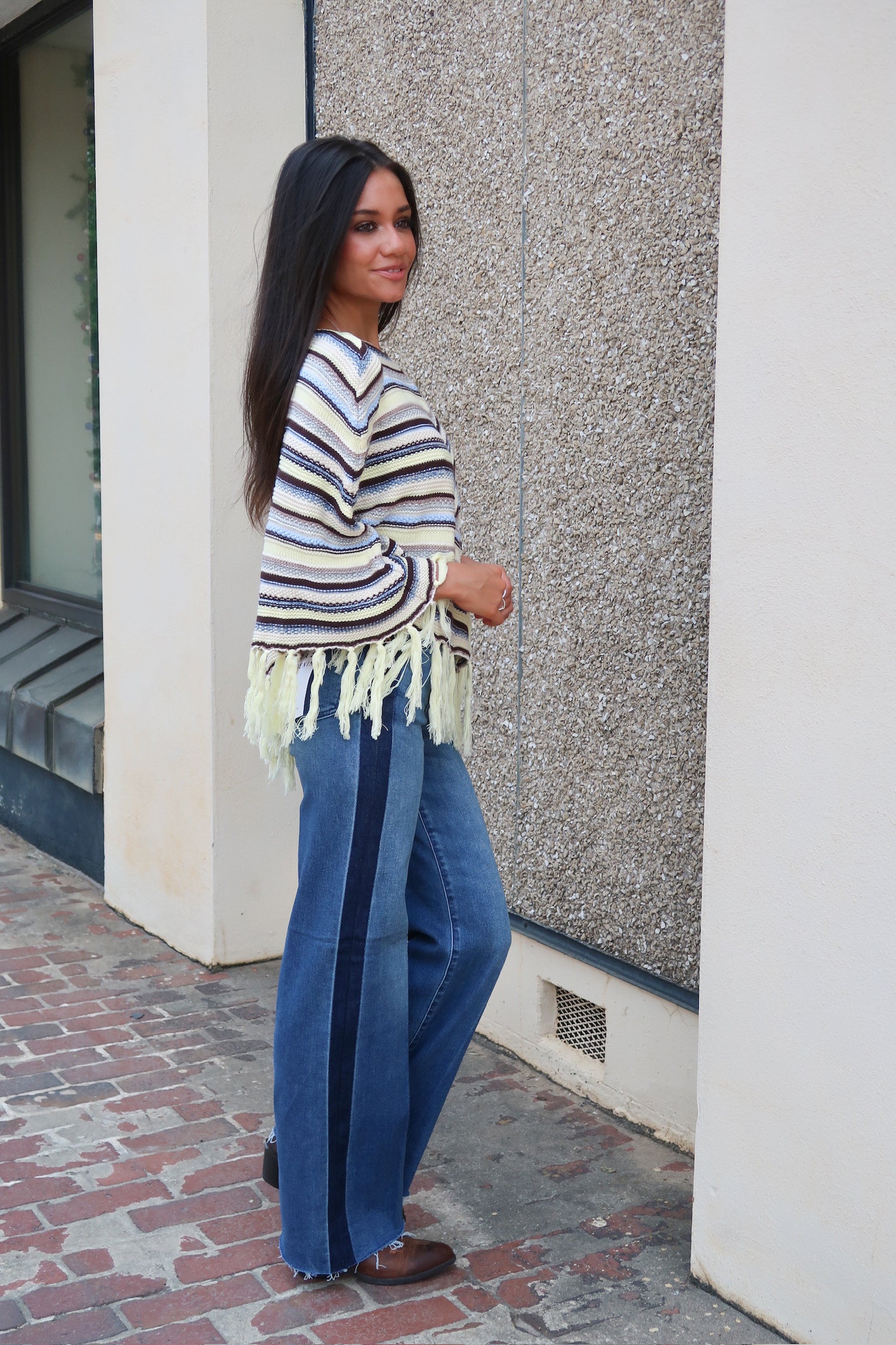 Chevron Striped Fringed Poncho