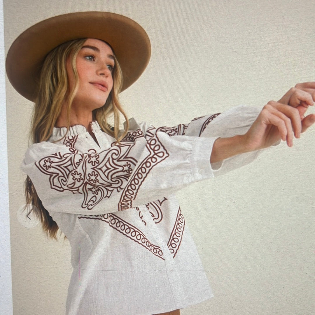 Embroidered Mock Neck Top- Ivory