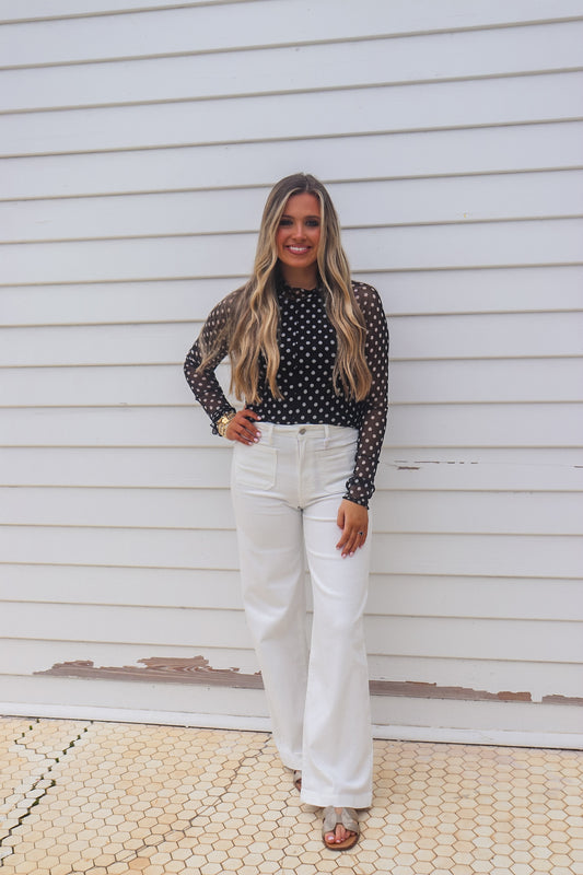Polka Dot Print Mesh Top