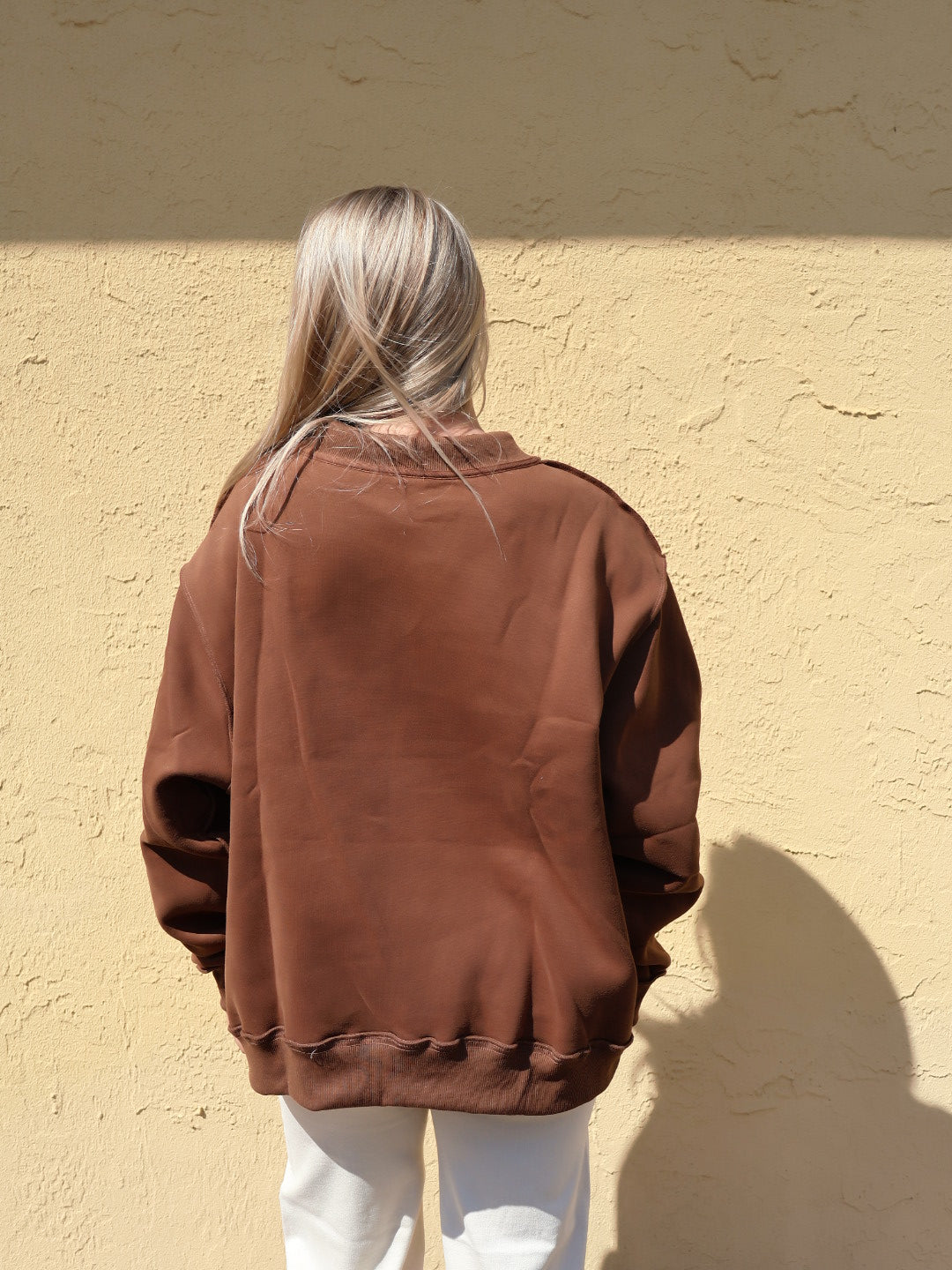 "PILATES" Brown Gingham Embroidered Mock Neck Sweatshirt