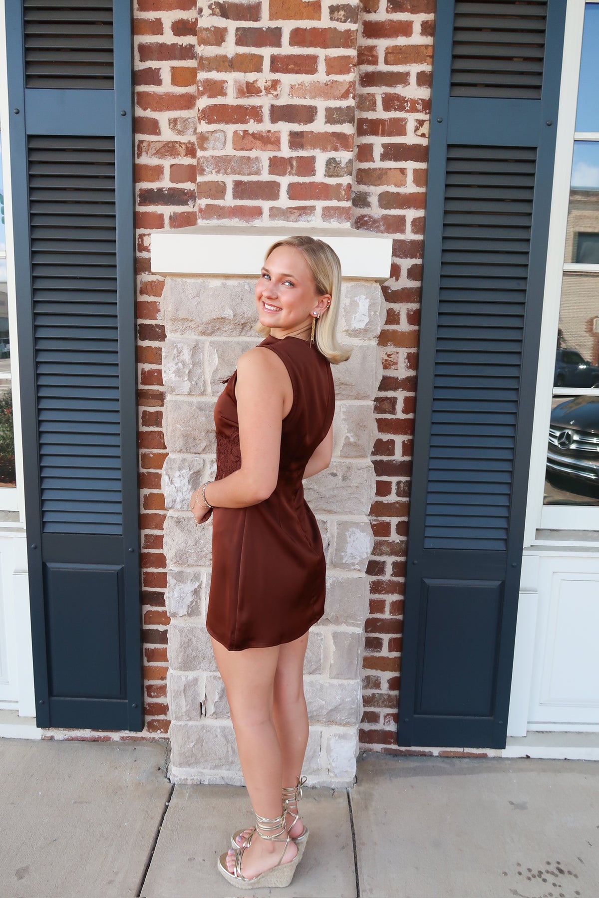 Chocolate Brown Satin Lace Mini Dress