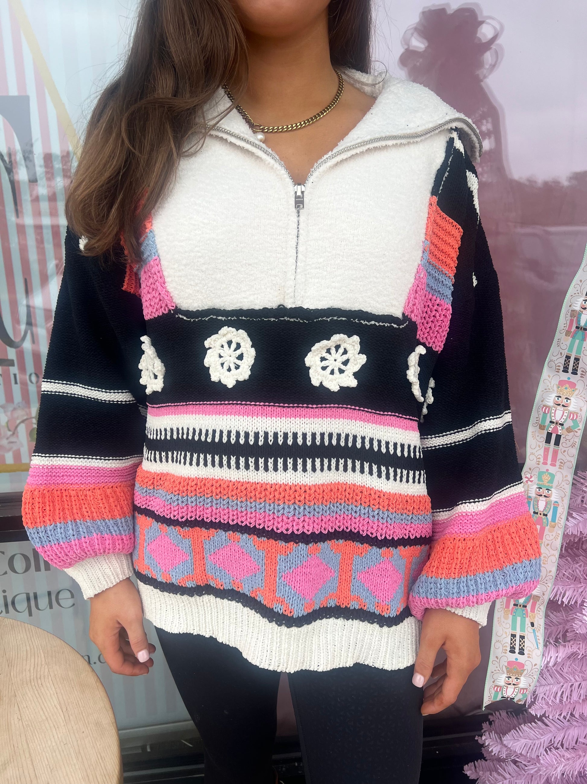 Chenille Crochet Multi Sweater -Pink