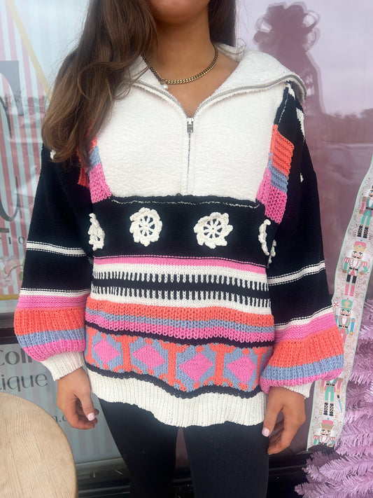 Chenille Crochet Multi Sweater -Pink