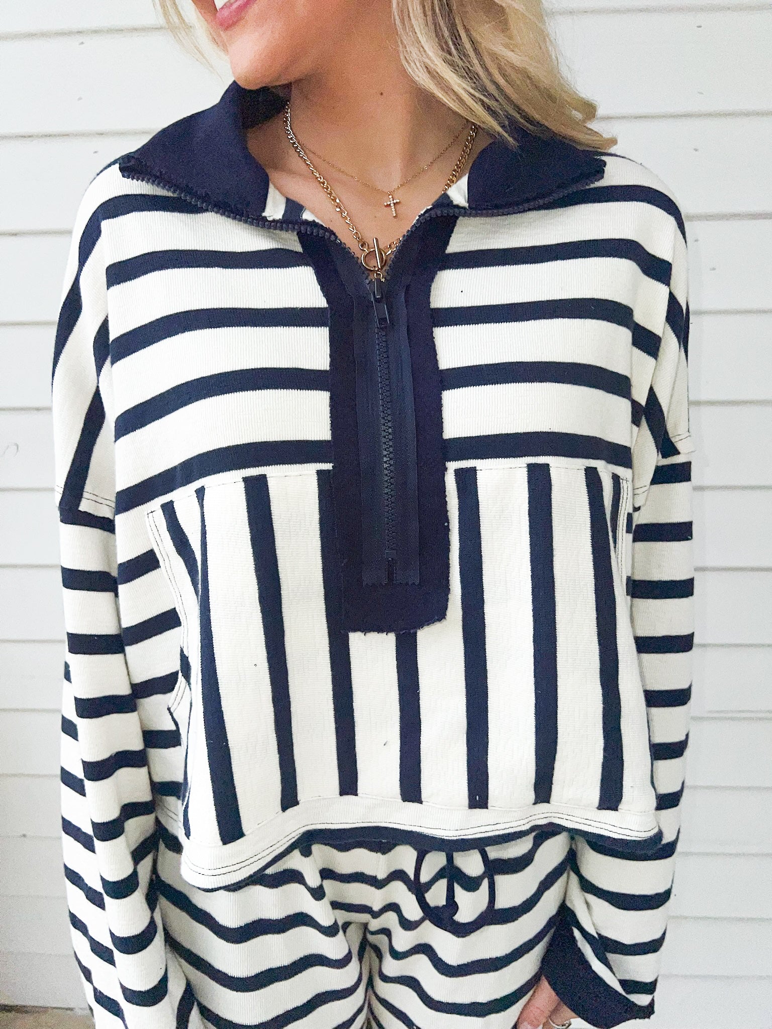 Zip Neck Striped Set-Navy/Cream