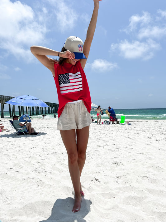 Red American Flag Sequins  Patch Knit Top
