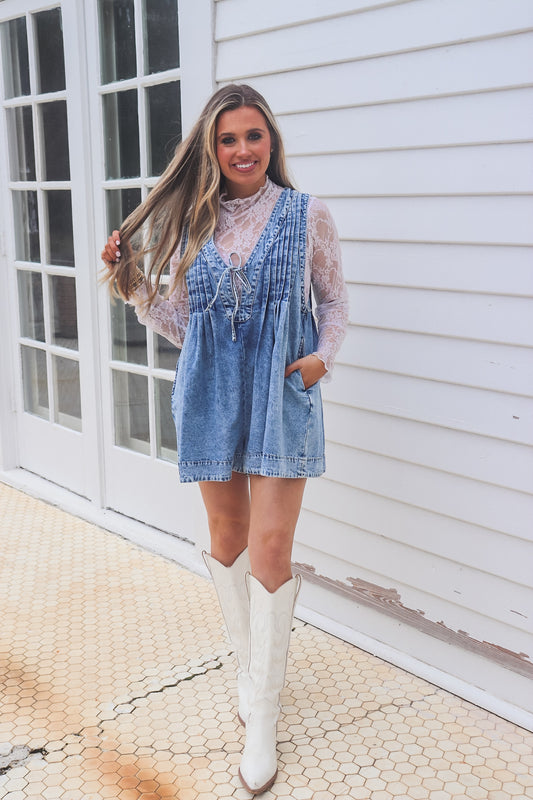 Pleated V Neck Romper - Medium Wash