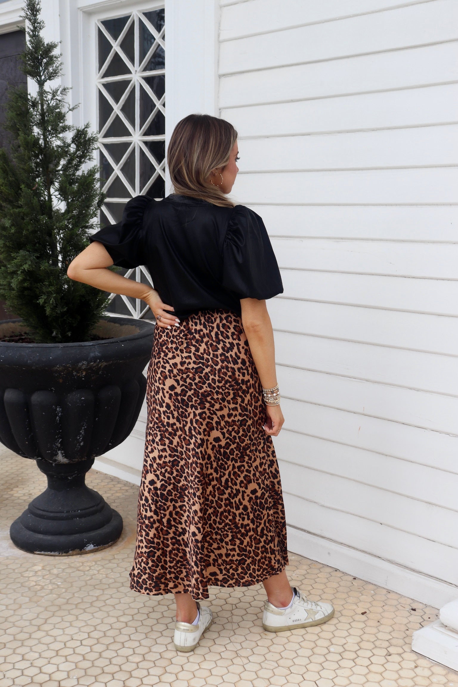 Satin Leopard Midi Slip Skirt