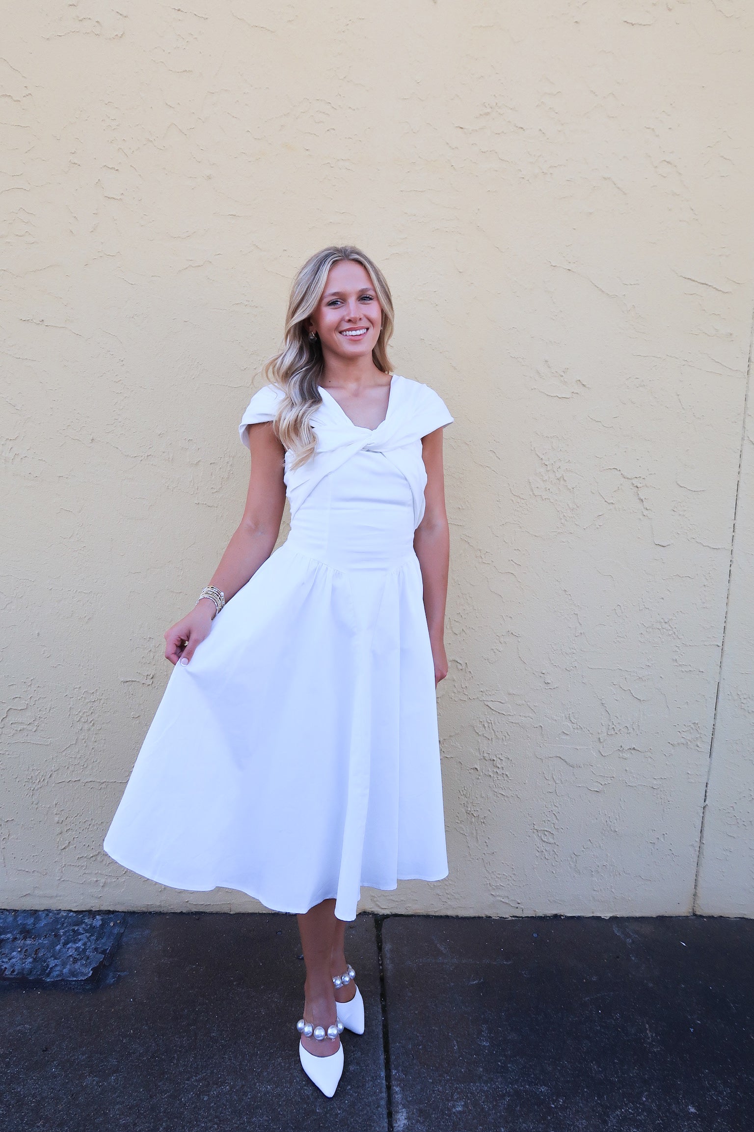 Whitney Twisted Top Midi Dress- White