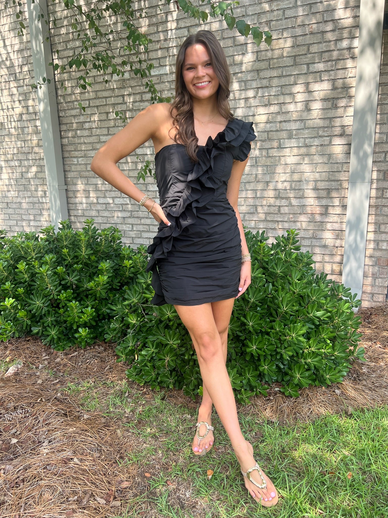 Diagonal Ruffle Mini Dress - Black