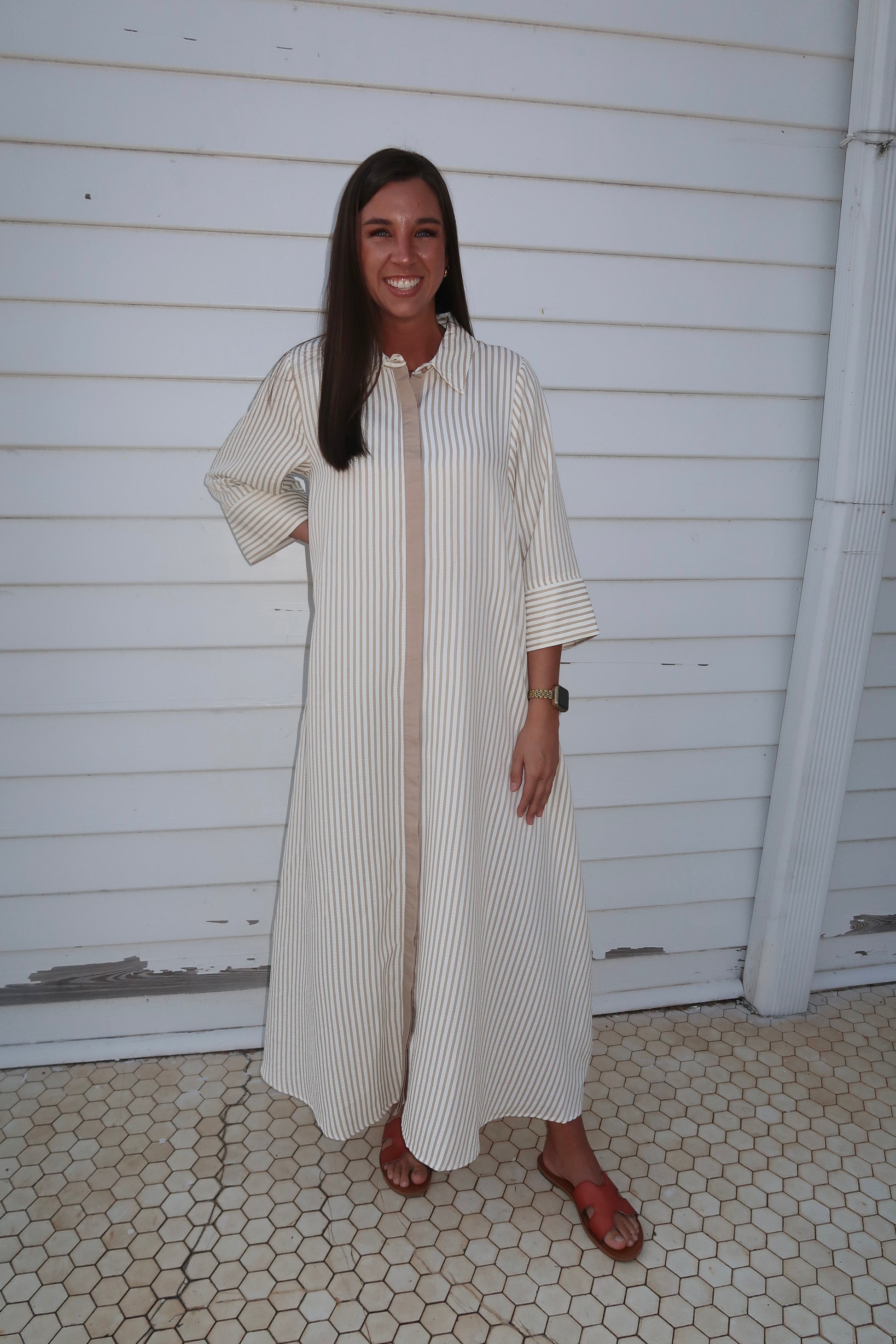 Striped Button Down Midi Dress-Sand