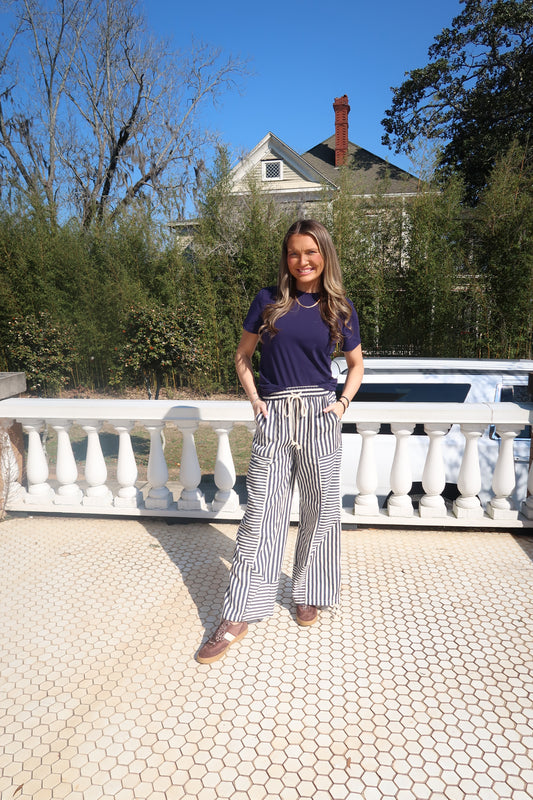 Striped Parachute Pants- Navy