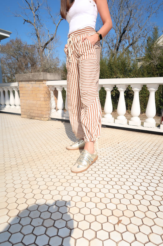 Striped Parachute Pants-Pecan