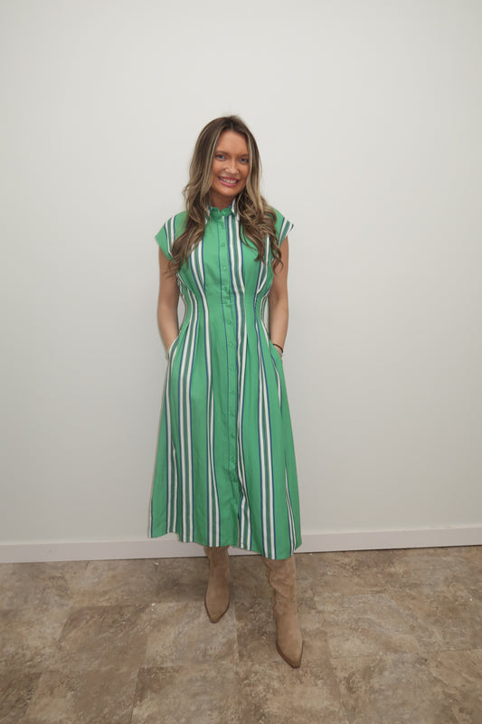Green & Blue Striped Midi Dress