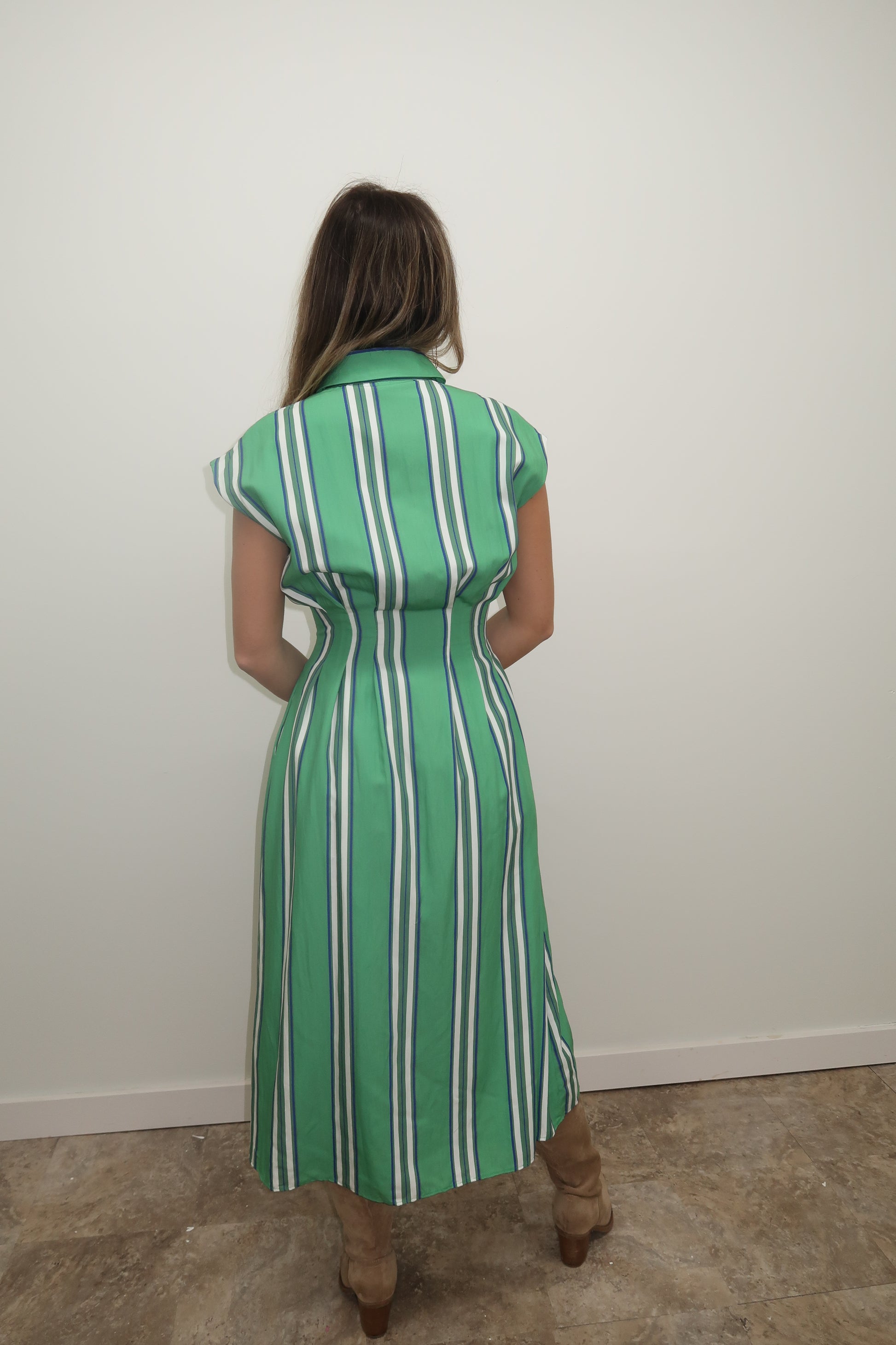 Green & Blue Striped Midi Dress