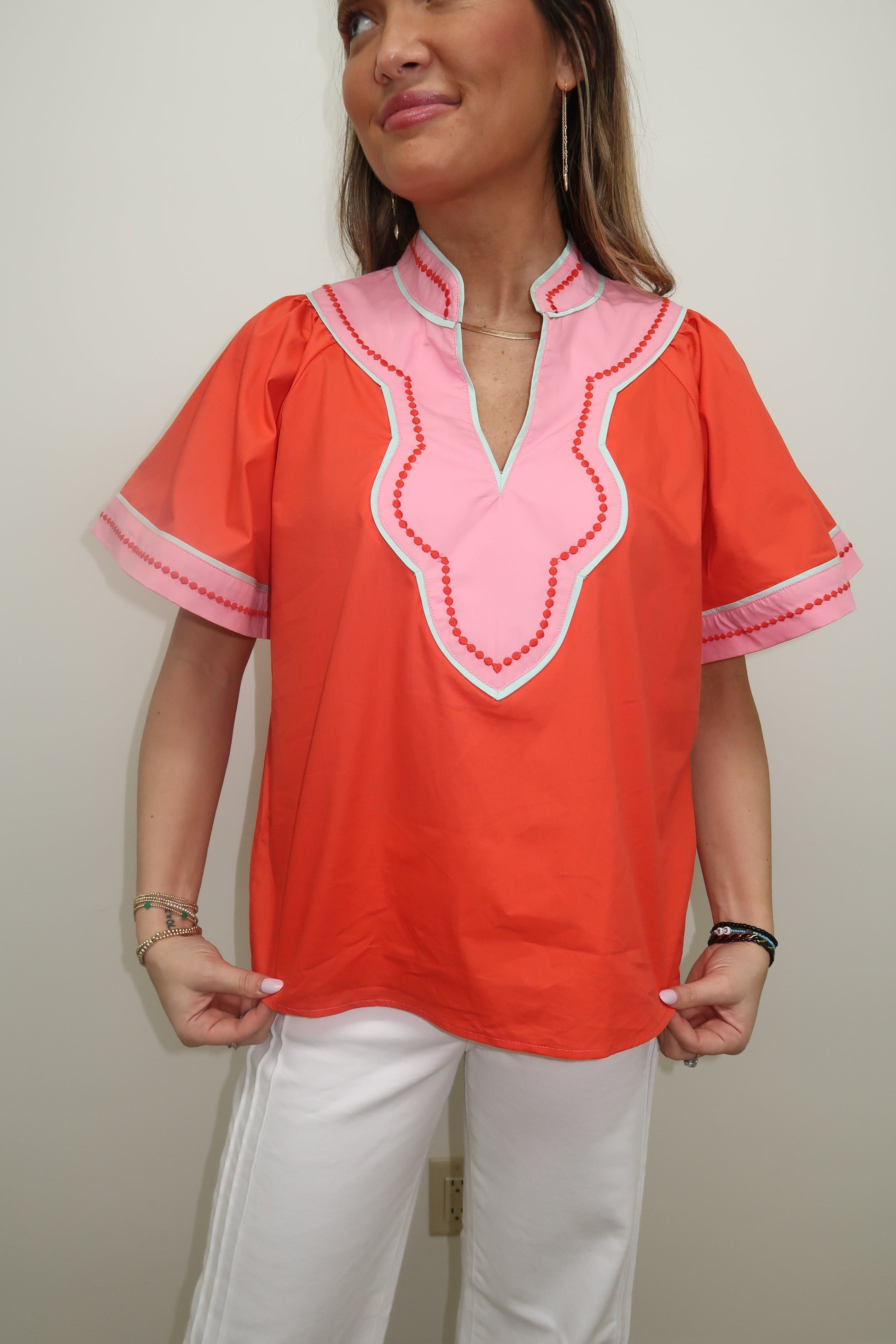 Poppy Red & Pink Detailed Top