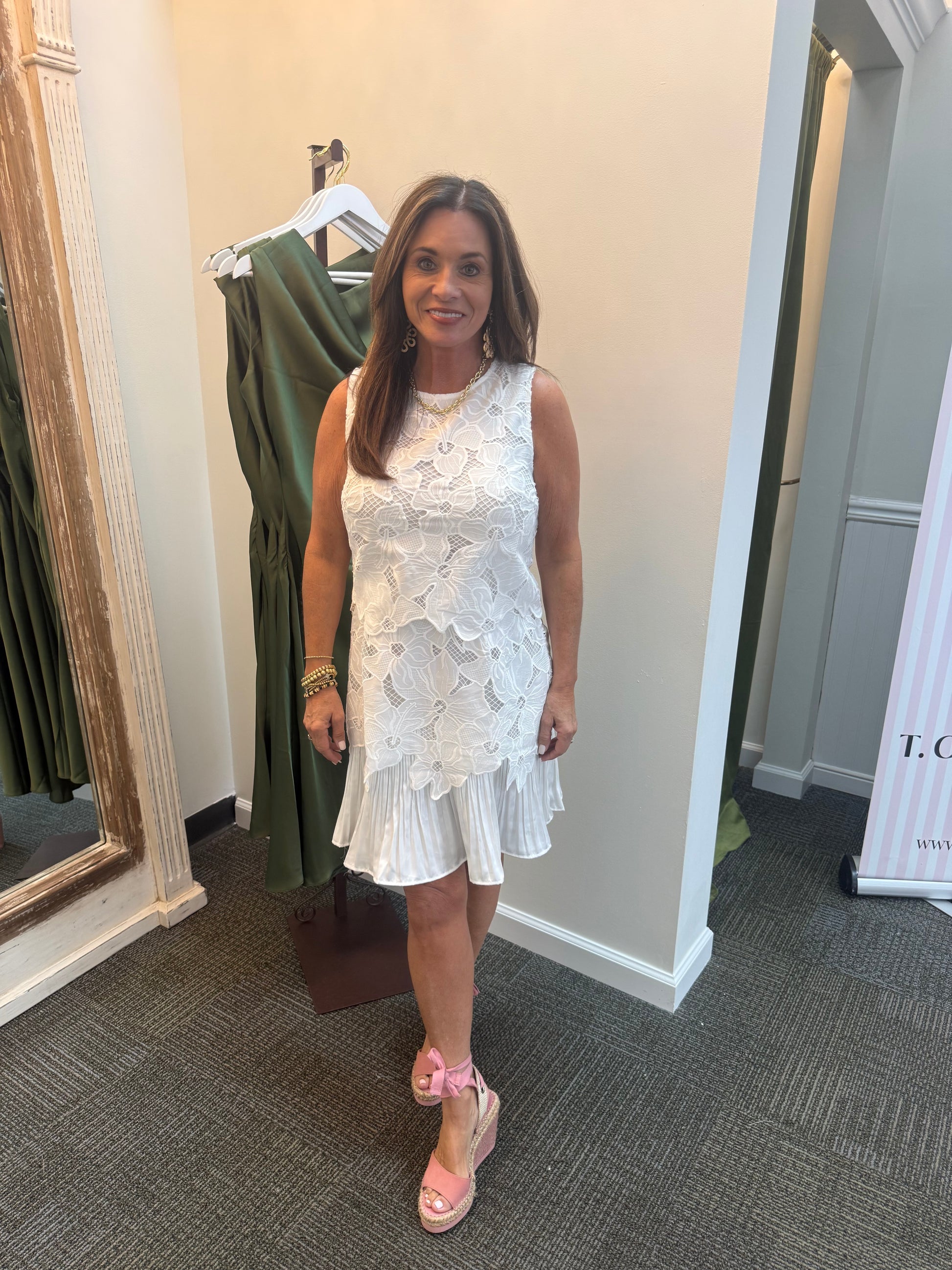 Floral Lace with Pleated Hem Dress-White