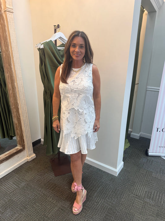 Floral Lace with Pleated Hem Dress-White