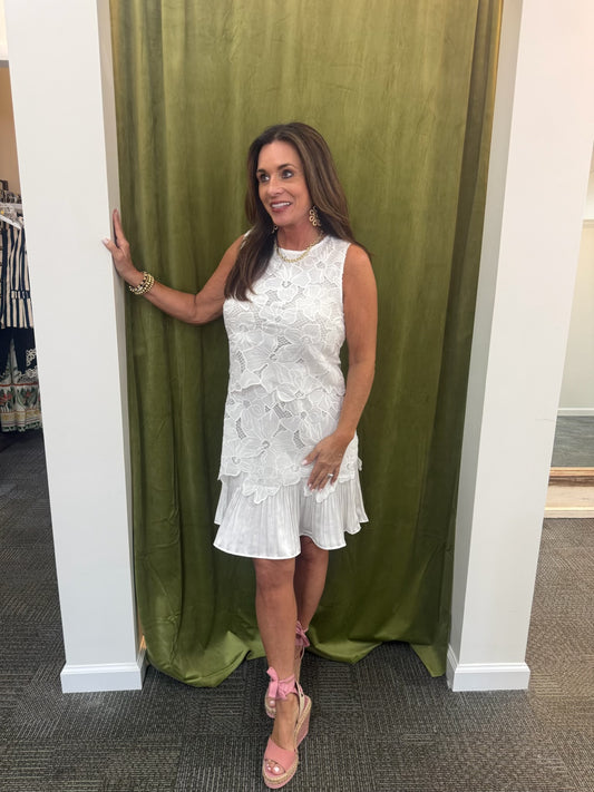 Floral Lace with Pleated Hem Dress-White