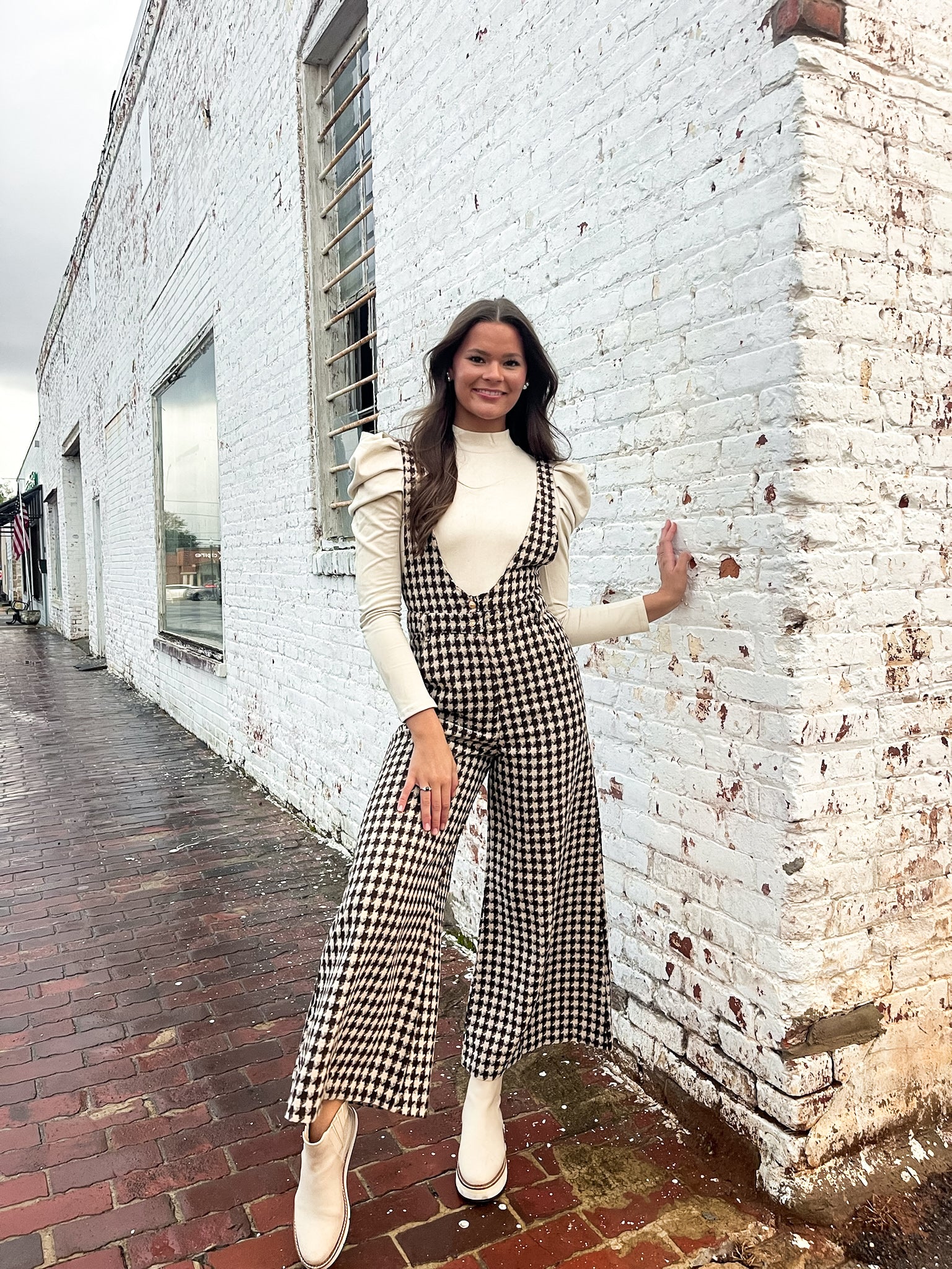 Houndstooth V-Neck  Jumpsuit -Brown / Beige my
