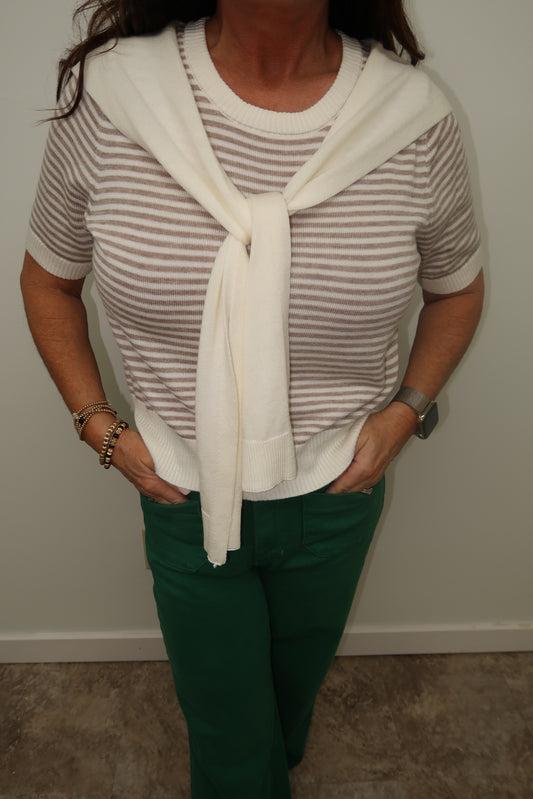 Striped Sweater with Wrap Sleeves-Ivory & Tan