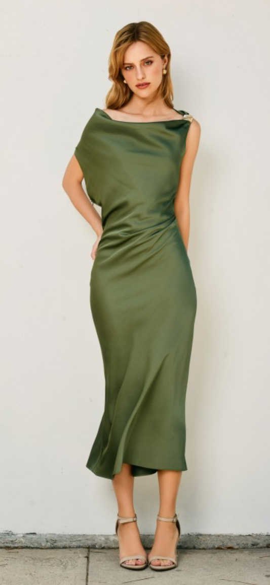 Satin Ruched Midi Dress- Green Tea