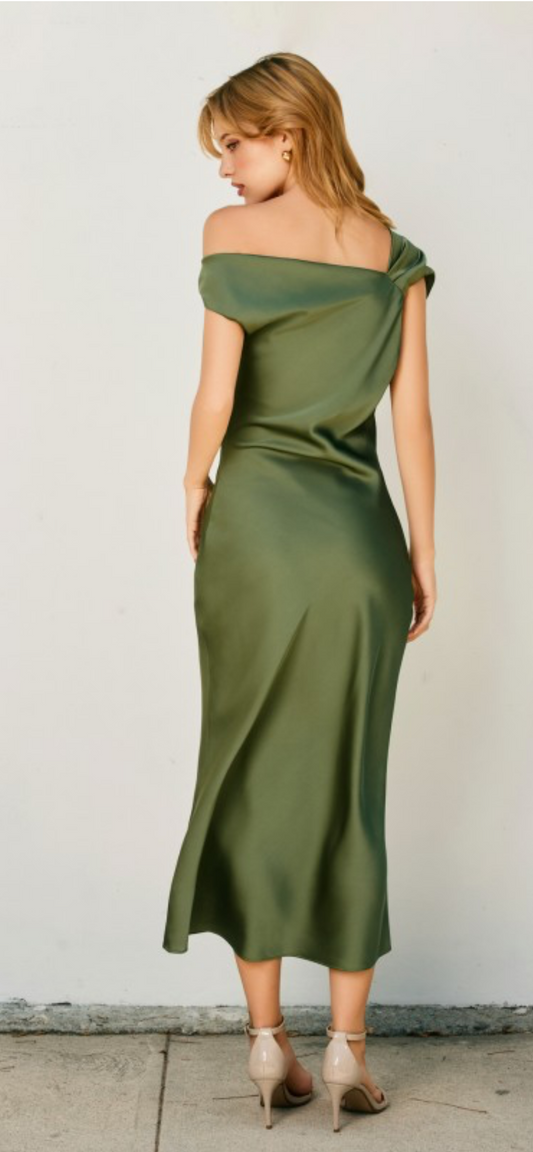 Satin Ruched Midi Dress- Green Tea