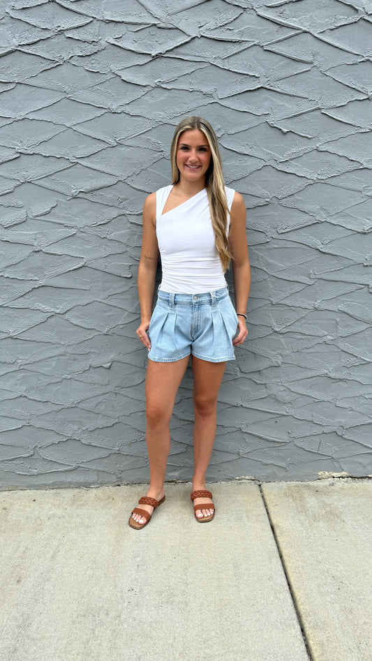 Pleated Bubble Short- Light Denim