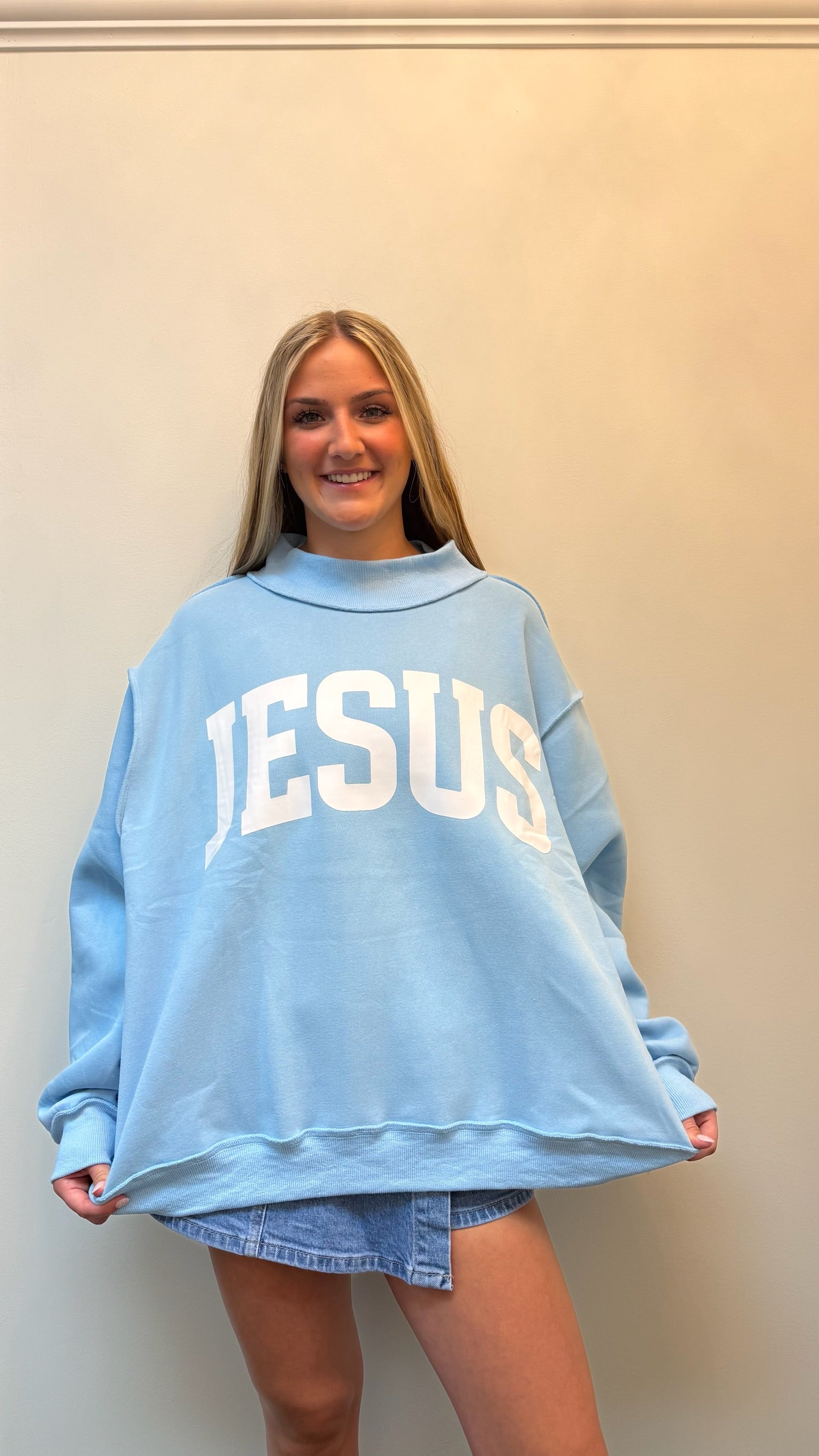" Jesus " & "God Is Good " Reversible Mock Neck Sweatshirt- Sky Blue