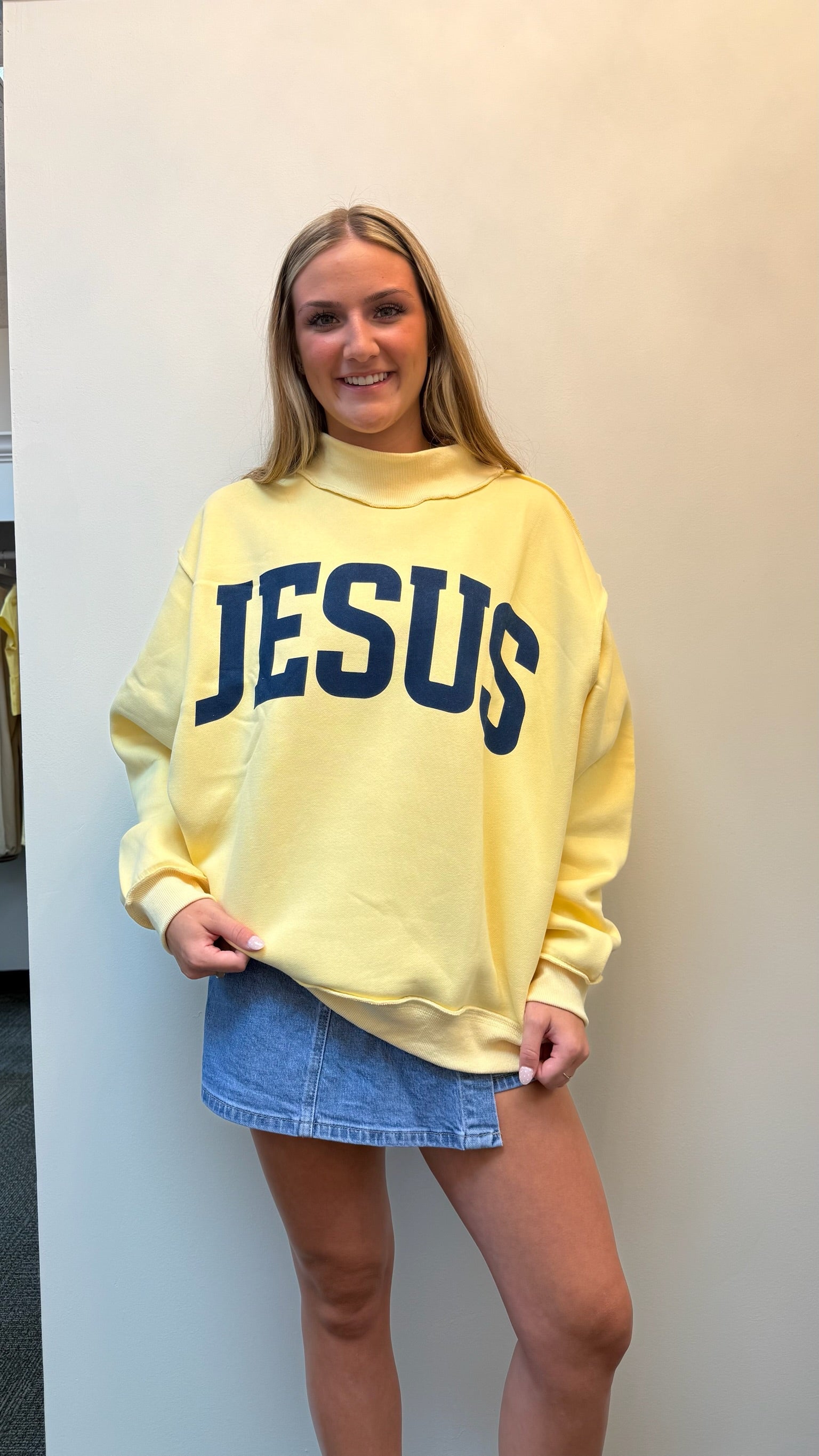"JESUS" & "GOD IS GOOD" Reversible Mock Neck Sweatshirt Butter Yellow