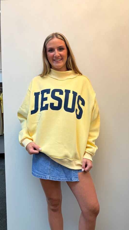 "JESUS" & "GOD IS GOOD" Reversible Mock Neck Sweatshirt Butter Yellow