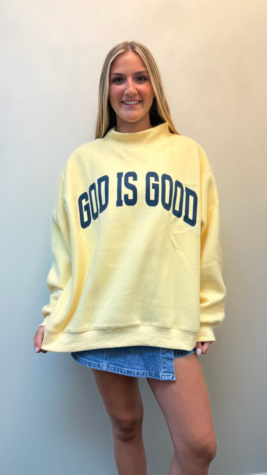 "JESUS" & "GOD IS GOOD" Reversible Mock Neck Sweatshirt Butter Yellow