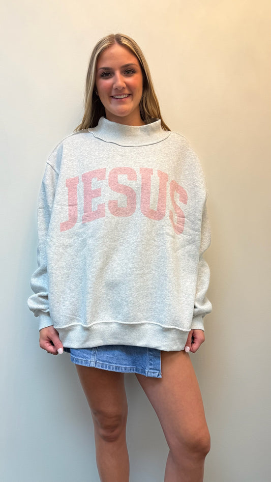 "Jesus & God Is Good" Reversible Mock Neck Sweatshirt- Grey/ Pink