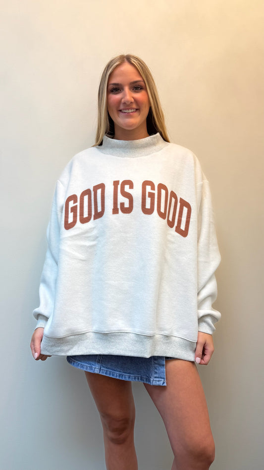 "Jesus & God Is Good" Reversible Mock Neck Sweatshirt- Grey/ Pink