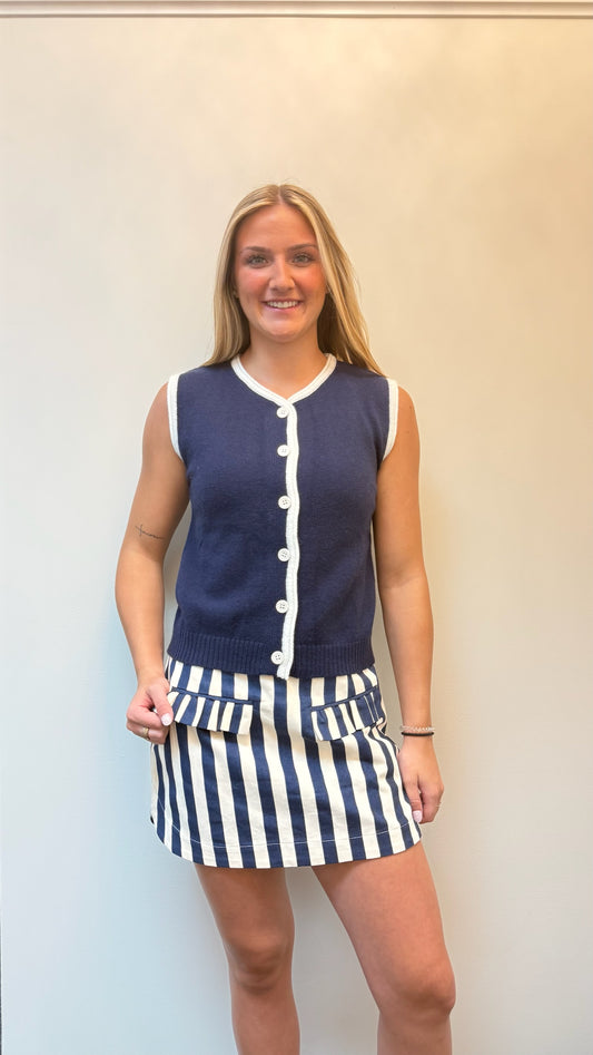 Navy and white sleeveless Sweater