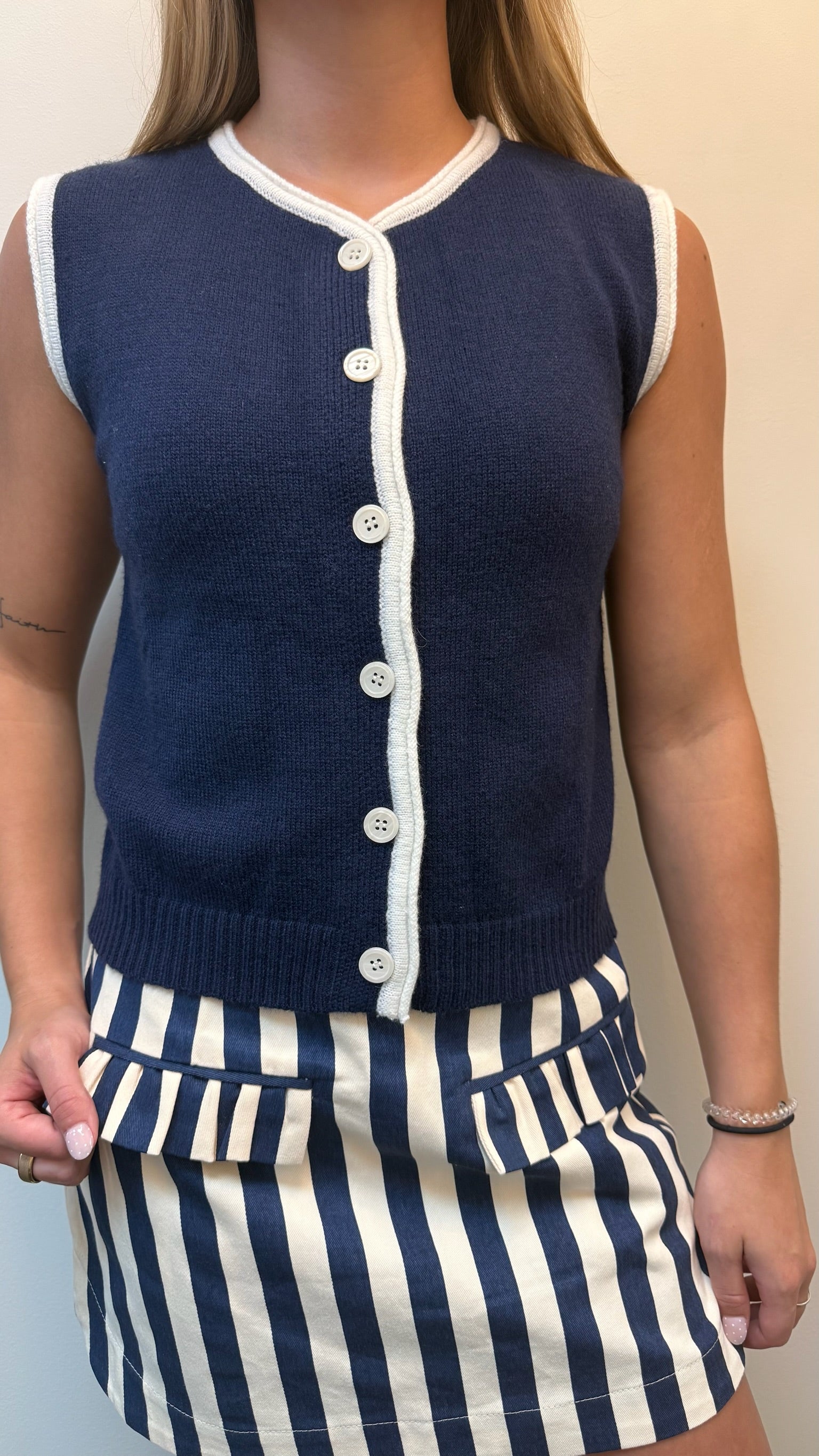 Navy and white sleeveless Sweater
