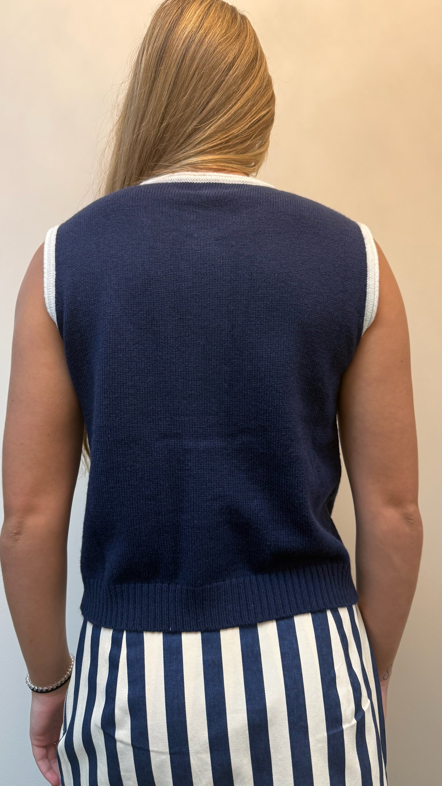 Navy and white sleeveless Sweater