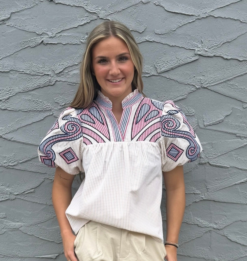 Gingham Embroidery Top