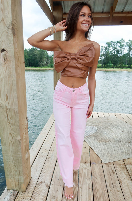 Caramel Faux Leather Strapless Bow top