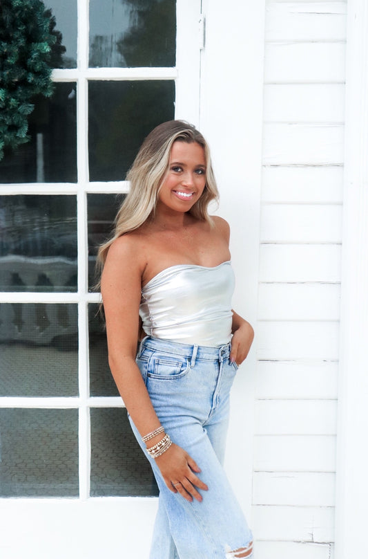 Silver Strapless Top