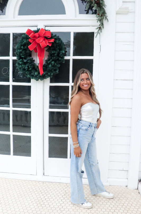 Silver Strapless Top