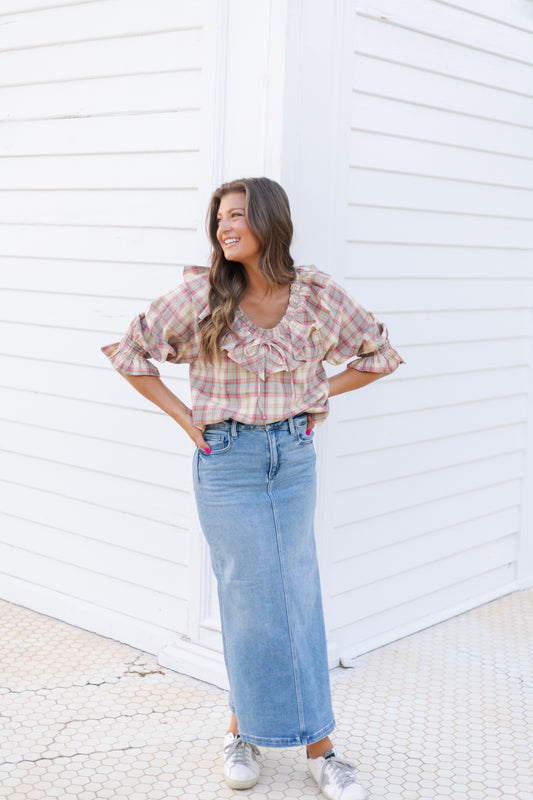 Peyton Midi Denim Skirt with Side Slit