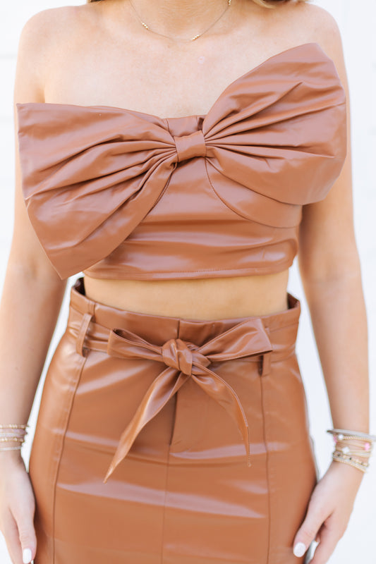 Caramel Faux Leather Strapless Bow top